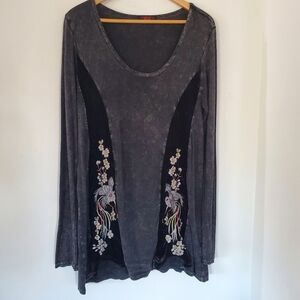 T PARTY L Black Acid Wash Floral Bird Embroider Tunic Top Velvet Whimsy Y2K Boho